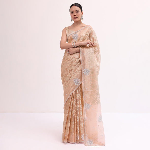 Peach Chanderi Saree With Unstitched Blouse