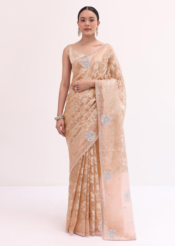 Peach Chanderi Saree With Unstitched Blouse