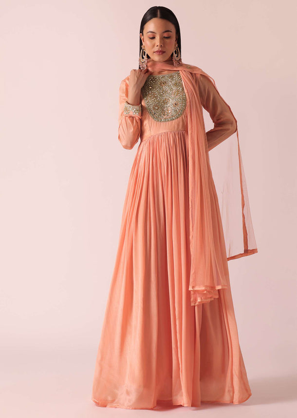 Peach Chiffon Embroidered Anarkali With Dupatta