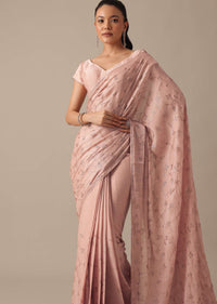 Peach Chiffon Saree With Swarovski Embellishments And Unstitched Blouse Piece