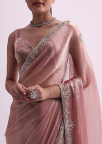 Peach Chiffon Silk Saree With Cutdana Border And Unstitched Blouse Fabric