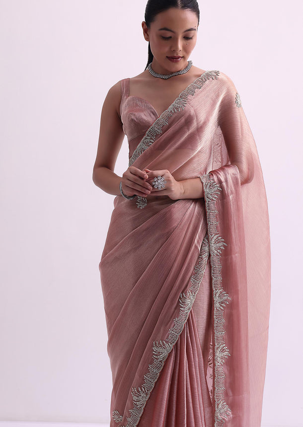 Peach Chiffon Silk Saree With Cutdana Border And Unstitched Blouse Fabric