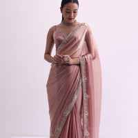 Peach Chiffon Silk Saree With Cutdana Border And Unstitched Blouse Fabric