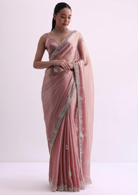 Peach Chiffon Silk Saree With Cutdana Border And Unstitched Blouse Fabric