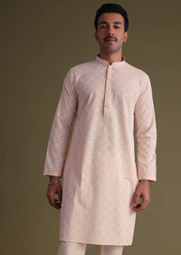 Peach Chikankari Festive Kurta Set In Lucknowi