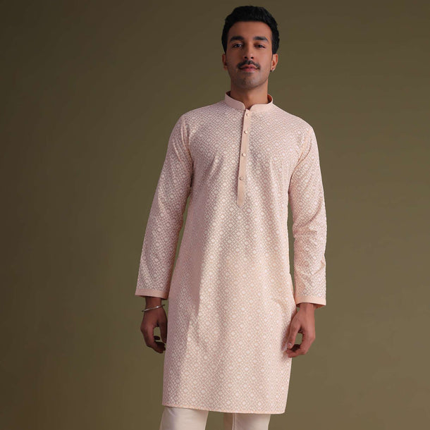 Peach Chikankari Festive Kurta Set In Lucknowi