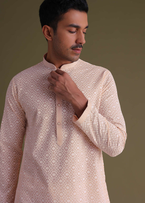 Peach Chikankari Festive Kurta Set In Lucknowi