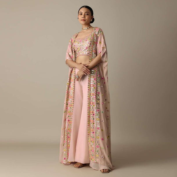 Peach Choli Indowestern Suit With Exquisite Mirror Work