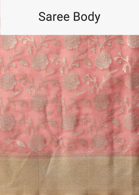 Peach Cotton Chanderi Saree With Zari Floral Motifs And Unstitched Blouse Piece