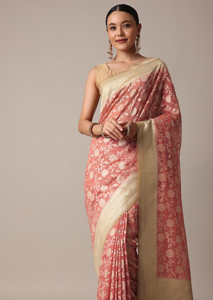 Peach Cotton Chanderi Saree With Zari Floral Motifs And Unstitched Blouse Piece