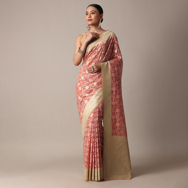 Peach Cotton Chanderi Saree With Zari Floral Motifs And Unstitched Blouse Piece