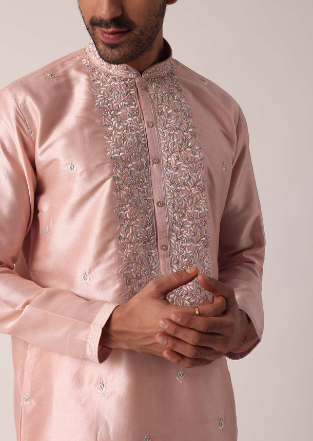 Peach Cotton Silk Kurta Set For Men