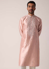 Peach Cotton Silk Kurta Set For Men