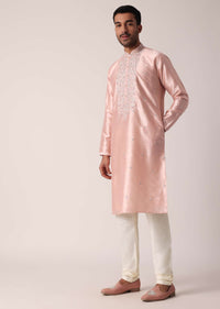 Peach Cotton Silk Kurta Set For Men