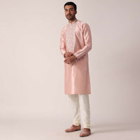 Peach Cotton Silk Kurta Set For Men