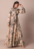Peach Crepe Printed Indo Gown With Embroidered Sleeves