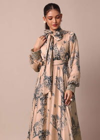 Peach Crepe Printed Indo Gown With Embroidered Sleeves