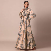 Peach Crepe Printed Indo Gown With Embroidered Sleeves
