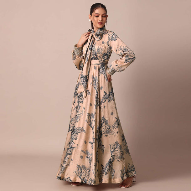 Peach Crepe Printed Indo Gown With Embroidered Sleeves