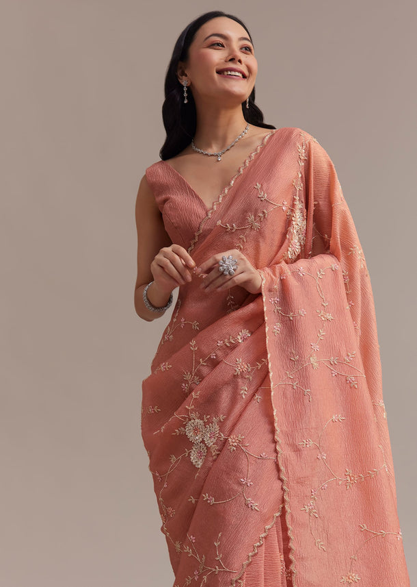 Peach Crushed Tissue Saree With Cutdana And Sequins Jaal Work
