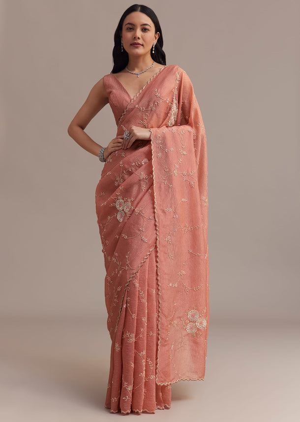Peach Crushed Tissue Saree With Cutdana And Sequins Jaal Work