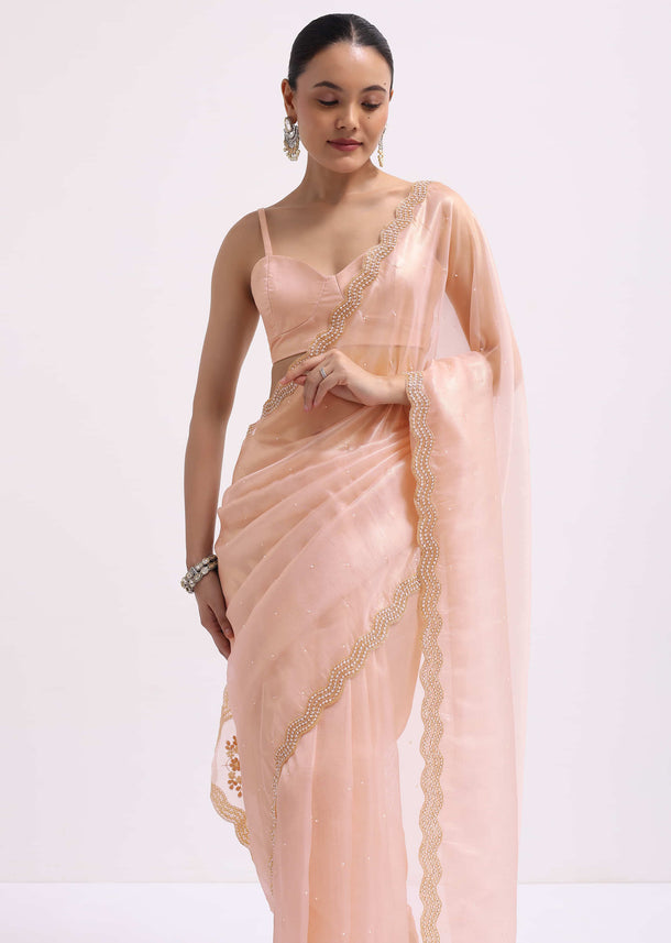 Peach Cutdana Embroidered Tissue Saree With Unstitched Blouse