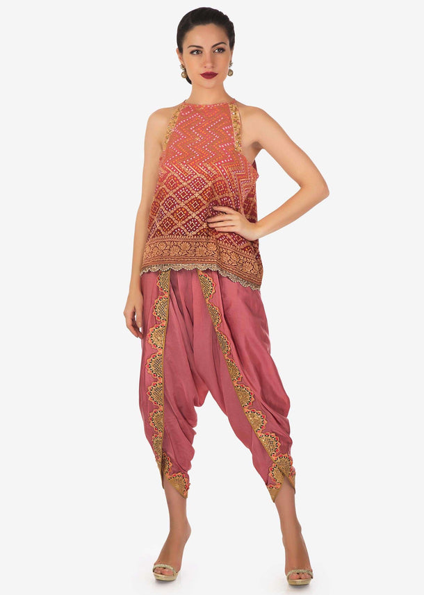 Peach Dhoti Salwar With Short bandhani printed top and shaded jacket only on Kalki