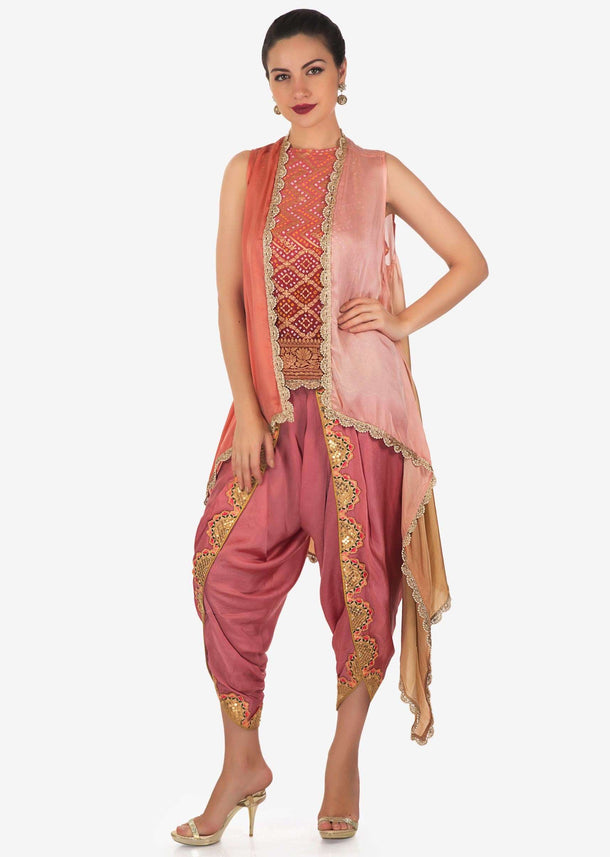 Peach Dhoti Salwar With Short bandhani printed top and shaded jacket only on Kalki