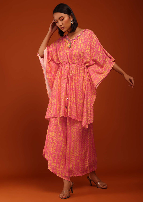 Peach Digital Print Kaftan Set In A V Neckline With A Tie-Up Tassel Dori At The Front,