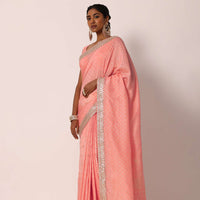 Peach Dola Silk Bandhani Saree With Gota Work And Unstitched Blouse Piece