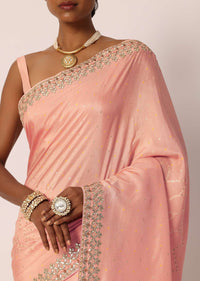 Peach Dola Silk Saree With Gota Patti Border And Unstitched Blouse Piece