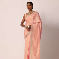 Peach Dola Silk Saree With Gota Patti Border And Unstitched Blouse Piece