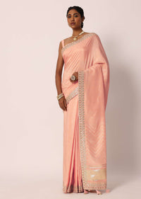 Peach Dola Silk Saree With Gota Patti Border And Unstitched Blouse Piece