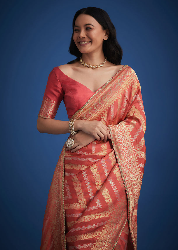 Peach Dola Silk Saree With Zari Work And Gota Patti Border