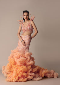 Peach Organza Cutdana Trail Lehenga With Feather Sleeve Blouse