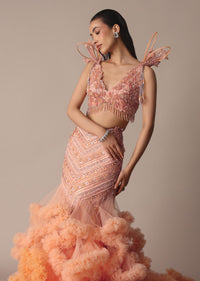 Peach Organza Cutdana Trail Lehenga With Feather Sleeve Blouse