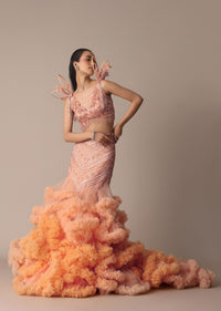 Peach Organza Cutdana Trail Lehenga With Feather Sleeve Blouse