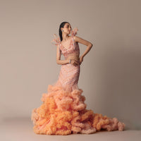 Peach Organza Cutdana Trail Lehenga With Feather Sleeve Blouse