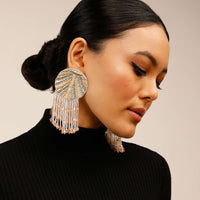 Peach Earrings With Cut Dana And Two Toned Zardosi Work Along With Fringe Detail