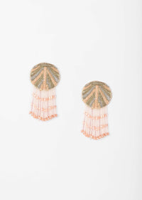 Peach Earrings With Cut Dana And Two Toned Zardosi Work Along With Fringe Detail