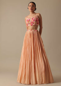 Peach Embellished Jacket And Lehenga Set In Chiffon