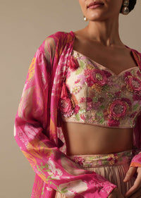 Peach Embellished Jacket And Lehenga Set In Chiffon