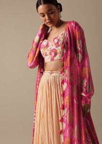 Peach Embellished Jacket And Lehenga Set In Chiffon