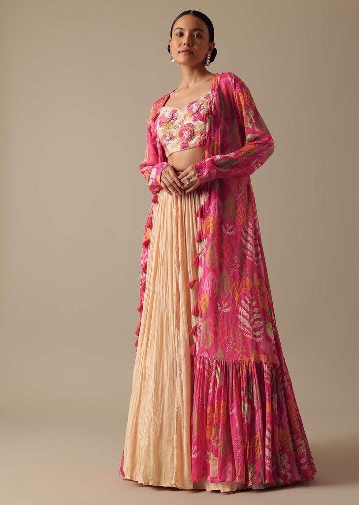 Peach Embellished Jacket And Lehenga Set In Chiffon