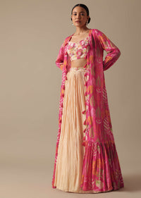 Peach Embellished Jacket And Lehenga Set In Chiffon