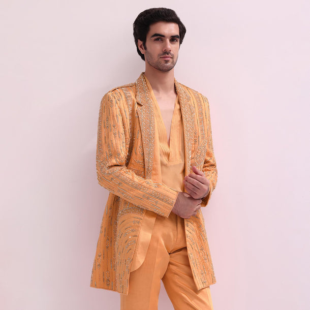 Peach Embellished Shawl Lapel Tuxedo With Kurta And Pants