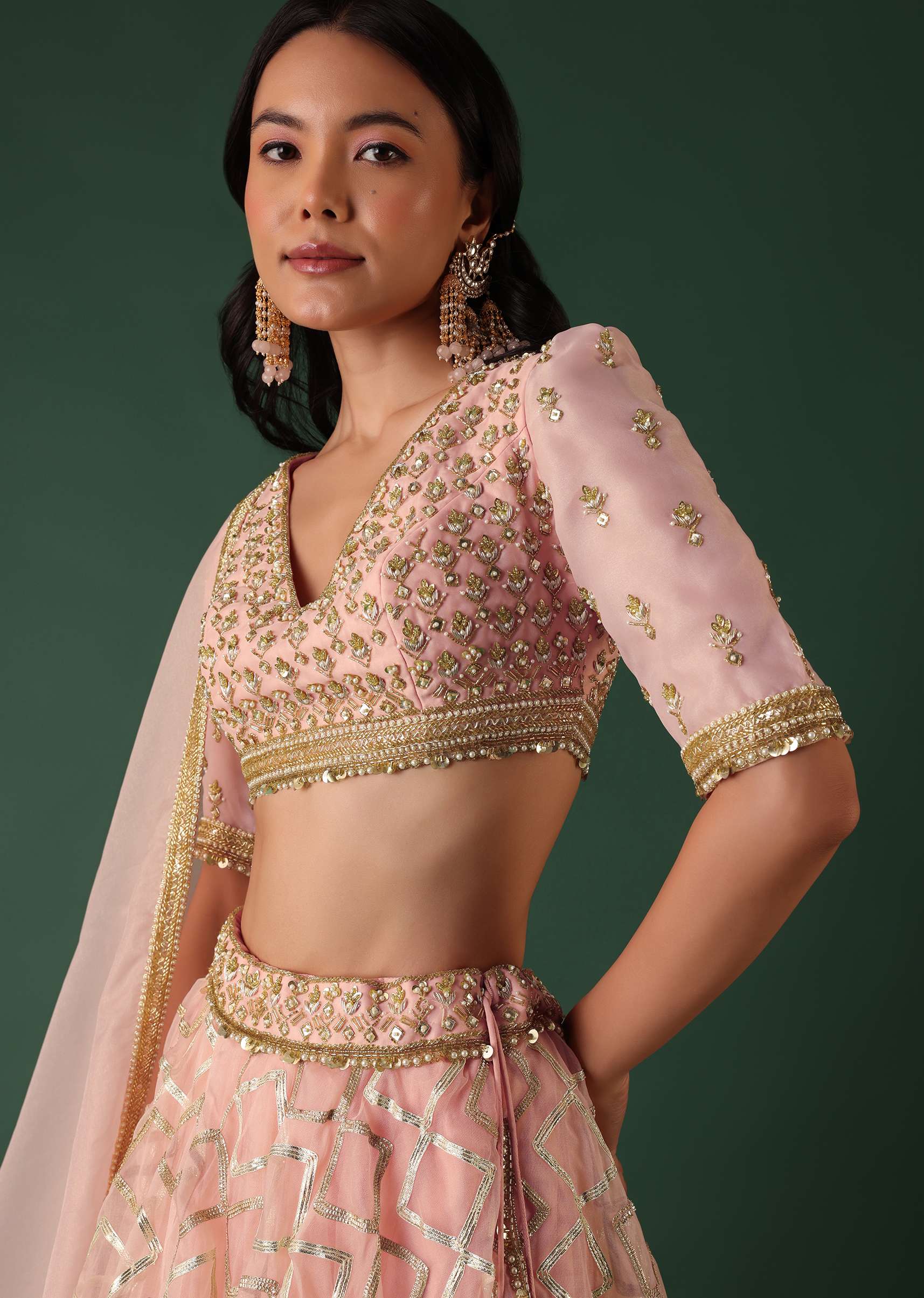 Peach Embroidered Lehenga Set In Organza