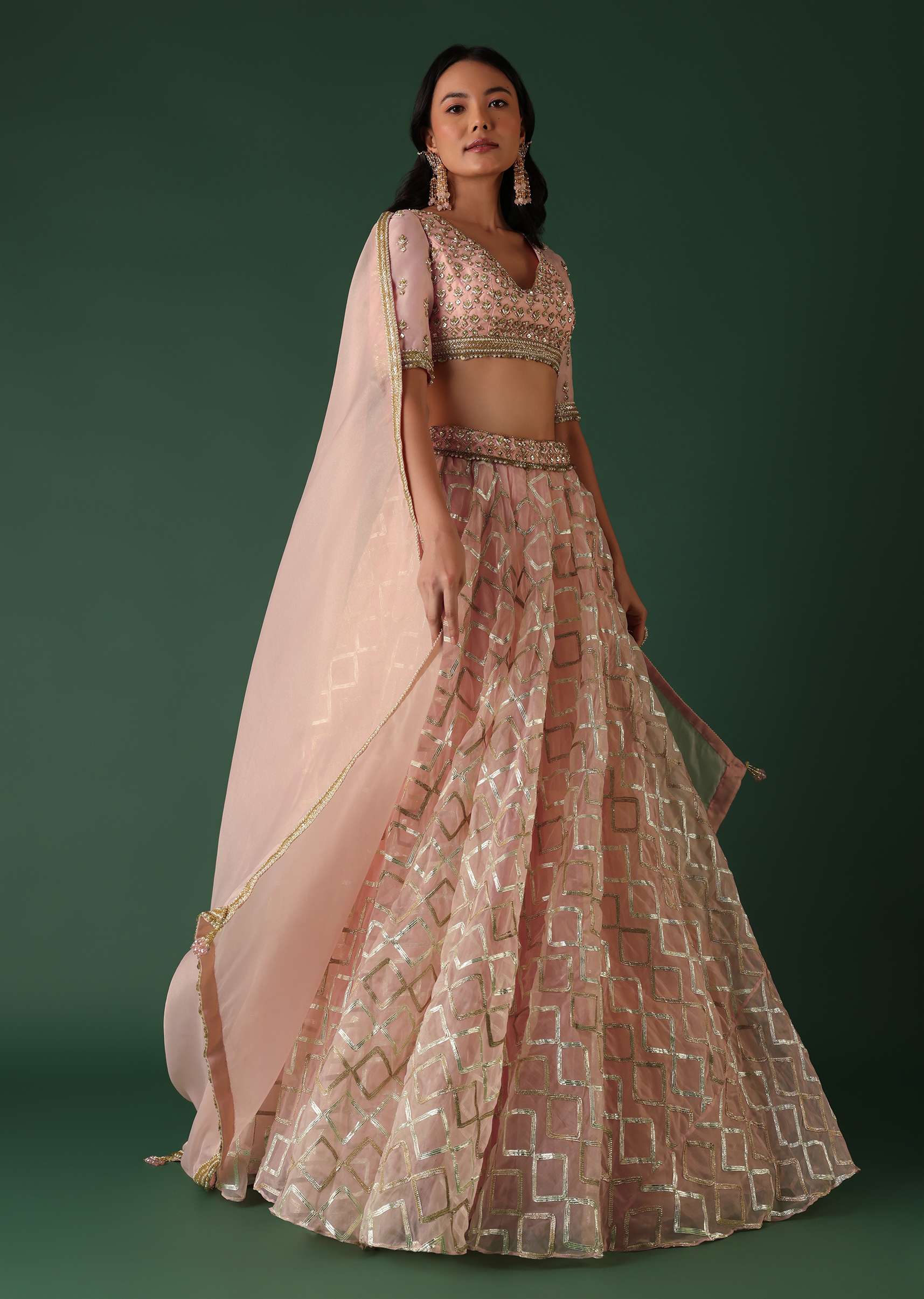 Peach Embroidered Lehenga Set In Organza