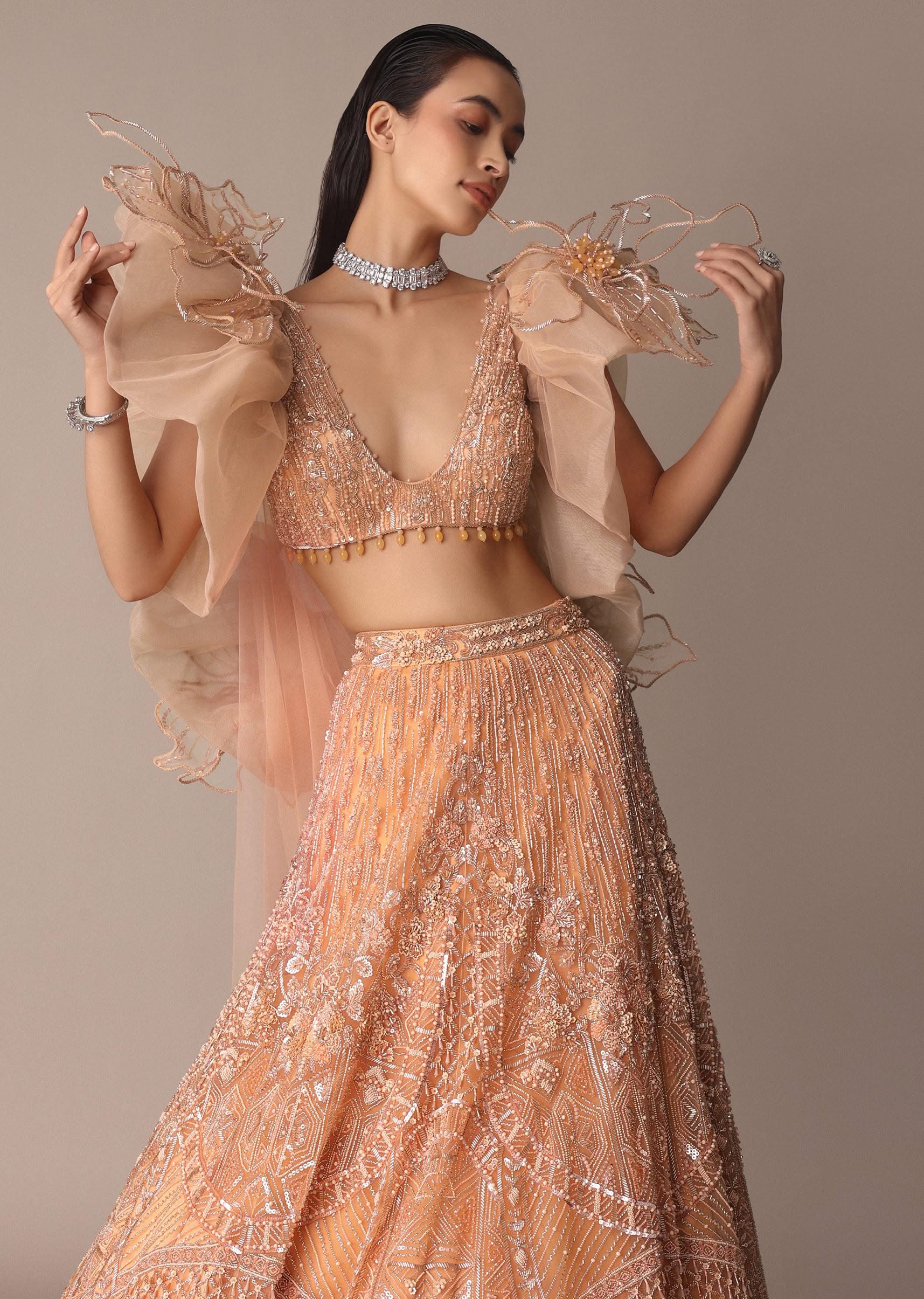 Peach Zardosi Lehenga With Dramatic Net Sleeves Blouse