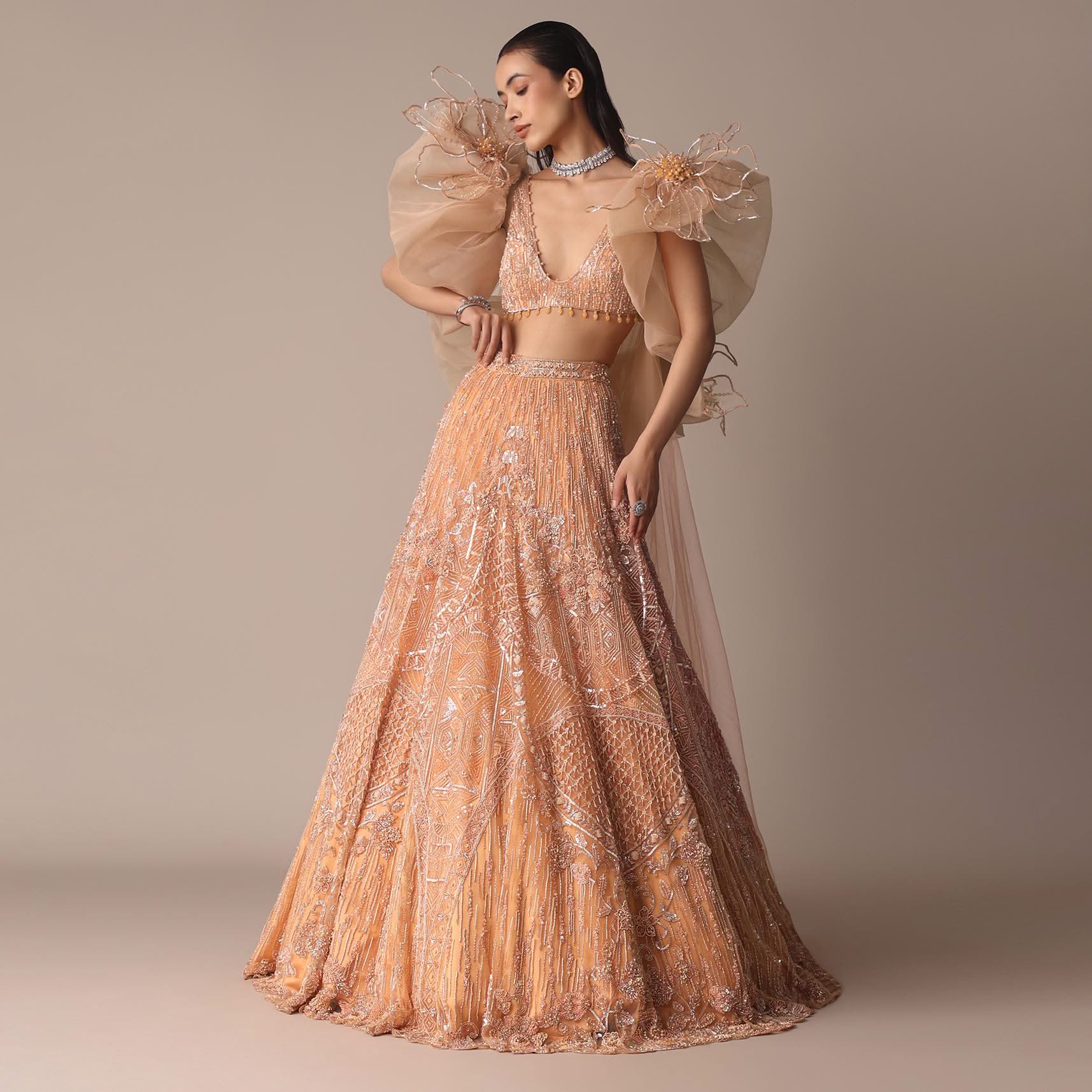 Peach Zardosi Lehenga With Dramatic Net Sleeves Blouse
